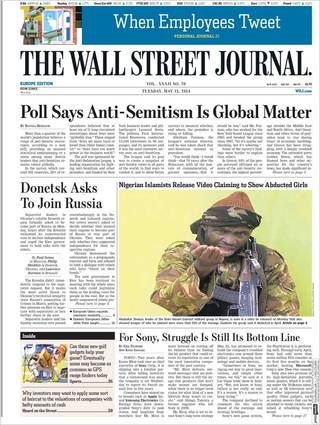 民調：全球2成5人 對猶太人仍有偏見（20140513 華爾街日報歐洲版）